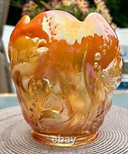 FentonORANGE OPALESCENT CARNIVAL ATLANTIS KOI FISH VASE. 1980's. Gorgeous