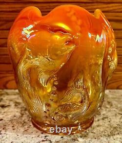 FentonORANGE OPALESCENT CARNIVAL ATLANTIS KOI FISH VASE. 1980's. Gorgeous