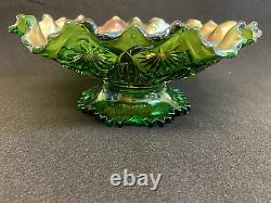 Fleur de Lis iridescent green carnival glass footed bowl Millersburg Glass Co