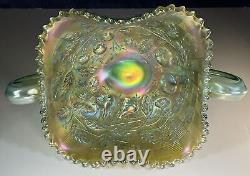 Fruits & Flowers Aqua Opal Rare Northwood Bon Bon Carnival Glass