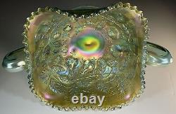 Fruits & Flowers Aqua Opal Rare Northwood Bon Bon Carnival Glass