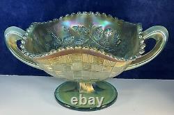 Fruits & Flowers Aqua Opal Rare Northwood Bon Bon Carnival Glass