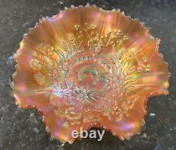 GOOD LUCK with Pink Irid TonesRibbed Back Marigold Ruffled Bowl Northwood c1908