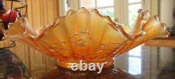 GOOD LUCK with Pink Irid TonesRibbed Back Marigold Ruffled Bowl Northwood c1908