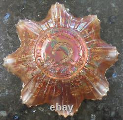 GOOD LUCK with Pink Irid TonesRibbed Back Marigold Ruffled Bowl Northwood c1908