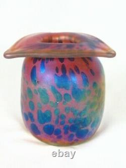 Gary Levi Intaglio Levay Iridescent Spotted Pink Blue Mini Carnival Glass Vase