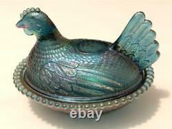 Genuine Antique Blue Iridescent Beautiful Carnival Glass Pheasant Candy Dish