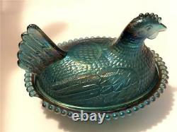 Genuine Antique Blue Iridescent Beautiful Carnival Glass Pheasant Candy Dish