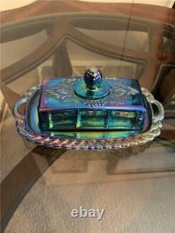 Genuine Antique Blue Iridescent Beautiful Original Carnival Glass Butter Dish