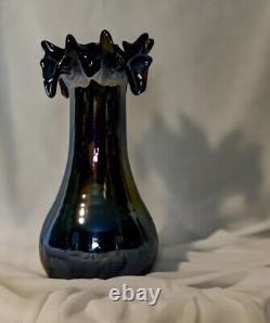 Gorgeous & Unique 8 Glazed/Carnival Glass withBrowns & Blue Art Ruffled Rim Vase