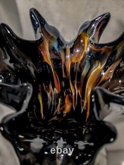 Gorgeous & Unique 8 Glazed/Carnival Glass withBrowns & Blue Art Ruffled Rim Vase