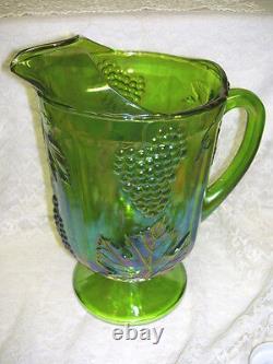 Grapes and Ivy Pitcher Iridescent Green Carnival Glass Indiana