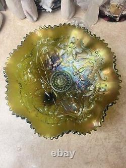 Green Northwood Carnival Glass Wishbone Footed Bowl Lime Green. Excellent Cond