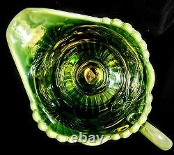 Green Opalescent Carnival Glass Beaded Shell Pitcher & 6 Tumblers Vintage Mosser