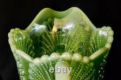 Green Opalescent Carnival Glass Beaded Shell Pitcher & 6 Tumblers Vintage Mosser