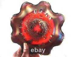 HTF 1920s FENTON ACORN RED CARNIVAL GLASS RUFFLED EDGE 7 ½ IRIDESCENT BOWL Exc