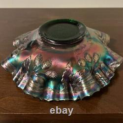 HTF Antique Fenton Green Carnival Glass 3 IN 1 Orange Tree Dish Ruffled Bowl EUC