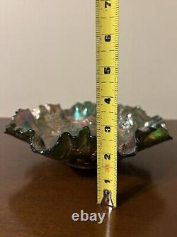 HTF Antique Fenton Green Carnival Glass 3 IN 1 Orange Tree Dish Ruffled Bowl EUC