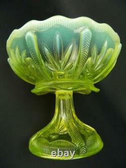 HTF Antique Fenton Opalescent Vaseline Glass Cactus Topaz Compote Pedestal Bowl