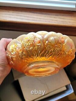 Hand Painted Signed M Kibbie Fenton Peach Opalescent Carnival Glass Bowl