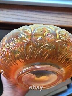 Hand Painted Signed M Kibbie Fenton Peach Opalescent Carnival Glass Bowl