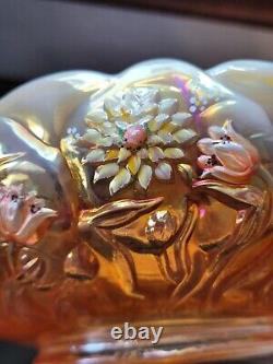 Hand Painted Signed M Kibbie Fenton Peach Opalescent Carnival Glass Bowl