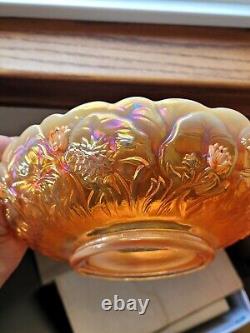 Hand Painted Signed M Kibbie Fenton Peach Opalescent Carnival Glass Bowl