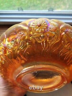 Hand Painted Signed M Kibbie Fenton Peach Opalescent Carnival Glass Bowl