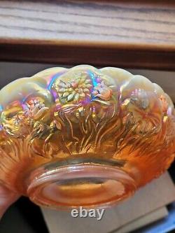 Hand Painted Signed M Kibbie Fenton Peach Opalescent Carnival Glass Bowl