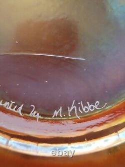 Hand Painted Signed M Kibbie Fenton Peach Opalescent Carnival Glass Bowl