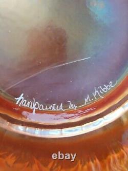 Hand Painted Signed M Kibbie Fenton Peach Opalescent Carnival Glass Bowl