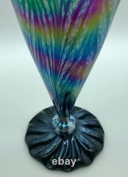 Handblown Pulled Feather Iridescent Carnival Art Glass Vase Signed Joe Deanda