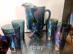 Harvest Blue Carnival Glass Pitcher 4 Tumblers Indiana Glass, Iridescent Blue