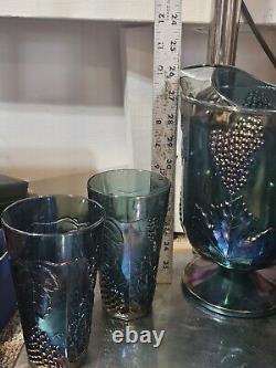 Harvest Blue Carnival Glass Pitcher 4 Tumblers Indiana Glass, Iridescent Blue