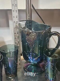 Harvest Blue Carnival Glass Pitcher 4 Tumblers Indiana Glass, Iridescent Blue