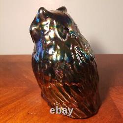 Heavy Mid Century Fenton Black Amethyst Carnival Glass Owl 6 1/4 Inches Tall