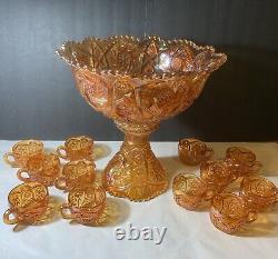 IMPERIAL GLASS WHIRLING STAR CARNIVAL MARIGOLD IRIDESCENT PUNCH SET 14pc