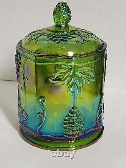 INDIANA Carnival Glass GREEN Canister Jar withLid Harvest Grape Iridescent 7 Used