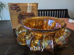 INDIANA GLASS Carnival Iridescent PUNCH BOWL SET Princess 7447 GOLD Grapes WithBOX