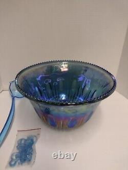 INDIANA Iridescent Blue Carnival Glass 26pc Princess Punch Set 7qt / 12 cups Box