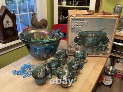 INDIANA Iridescent Blue Carnival Glass #7446 (26) Pc Princess Punch Set W Box