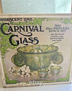 INDIANA Iridescent Lime Carnival Glass #7445 Princess Punch Bowl 26pc. Set