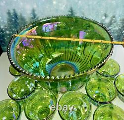 INDIANA Iridescent Lime Carnival Glass #7445 Princess Punch Bowl 26pc. Set