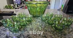 INDIANA Iridescent Lime Green Carnival Glass Punch Set 12 Cups & Ladle