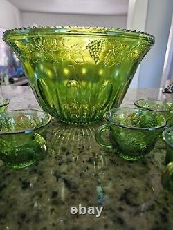 INDIANA Iridescent Lime Green Carnival Glass Punch Set 12 Cups & Ladle