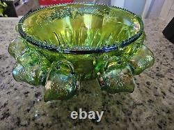 INDIANA Iridescent Lime Green Carnival Glass Punch Set 12 Cups & Ladle