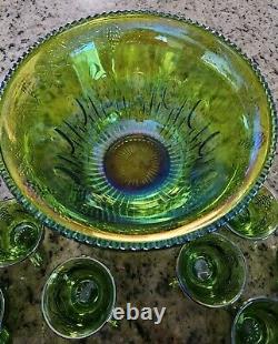 INDIANA Iridescent Lime Green Carnival Glass Punch Set 12 Cups & Ladle