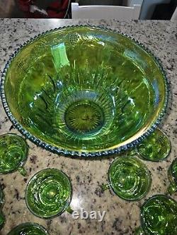 INDIANA Iridescent Lime Green Carnival Glass Punch Set 12 Cups & Ladle