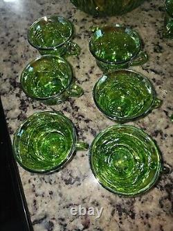 INDIANA Iridescent Lime Green Carnival Glass Punch Set 12 Cups & Ladle