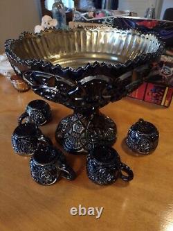 Imperial AMETHYST Carnival Glass Broken Arches Punch Bowl Set & Stand & 5 Cups